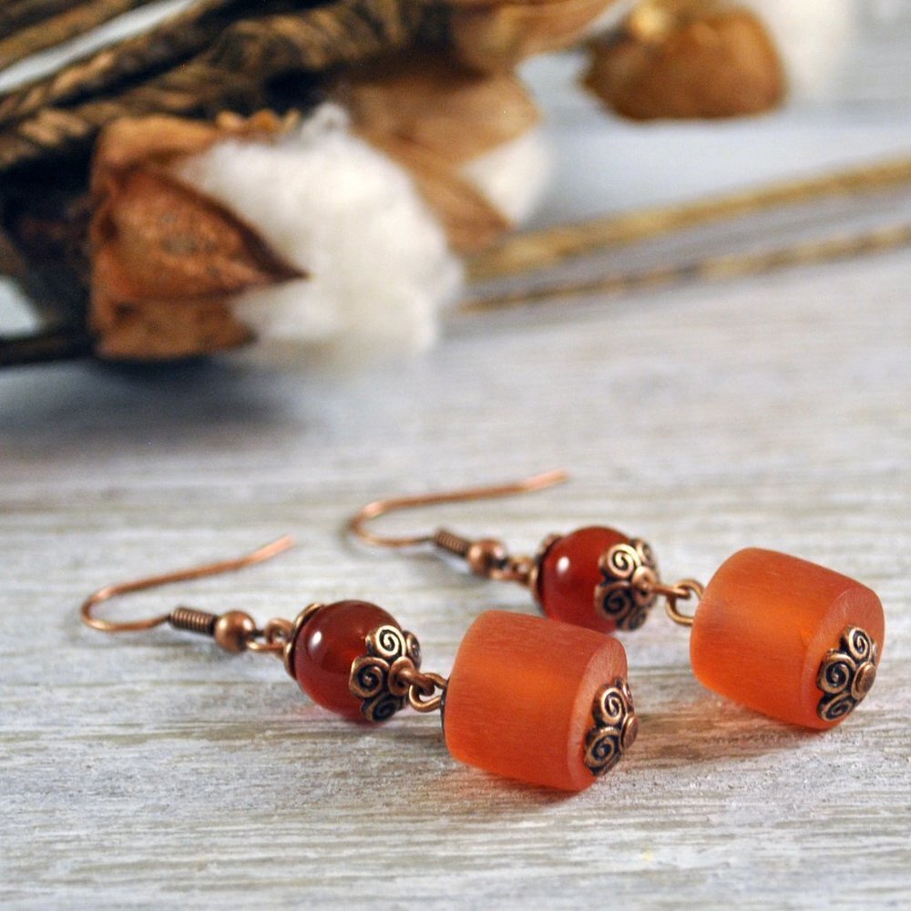 Carnelian & Copper Handmade Dangle Drop Earrings One of a Kind​​​​